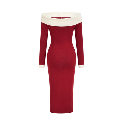 Shayla Red Knit Off Shoulder Midi Dress with Button Detailing