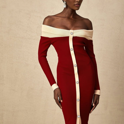 Shayla Red Knit Off Shoulder Midi Dress with Button Detailing