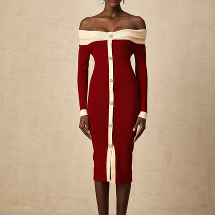 Shayla Red Knit Off Shoulder Midi Dress with Button Detailing