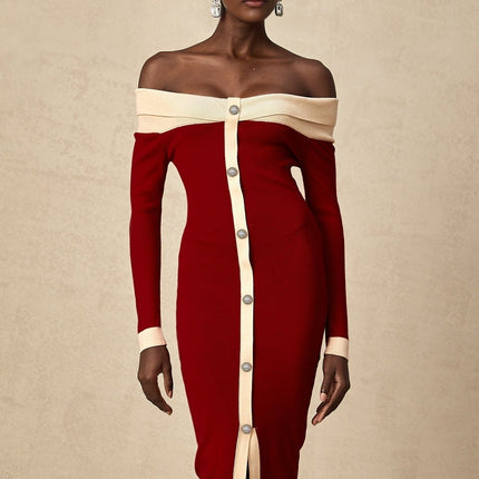 Shayla Red Knit Off Shoulder Midi Dress with Button Detailing