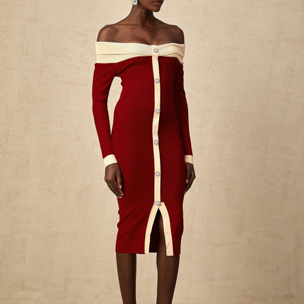 Shayla Red Knit Off Shoulder Midi Dress with Button Detailing