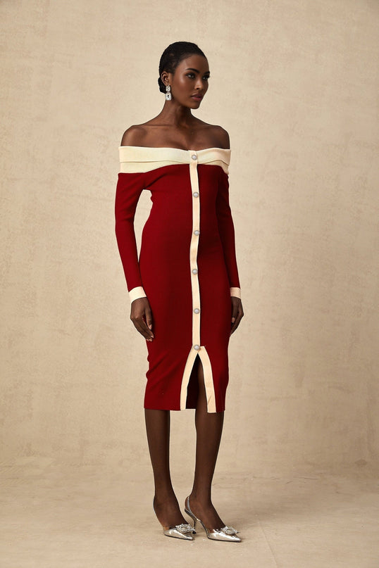 Shayla Red Knit Off Shoulder Midi Dress with Button Detailing