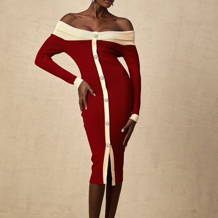Shayla Red Knit Off Shoulder Midi Dress with Button Detailing
