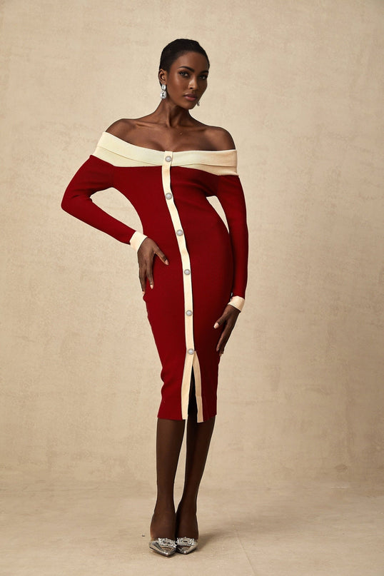 Shayla Red Knit Off Shoulder Midi Dress with Button Detailing