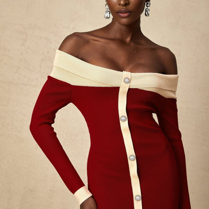 Shayla Red Knit Off Shoulder Midi Dress with Button Detailing