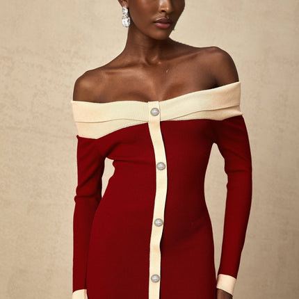 Shayla Red Knit Off Shoulder Midi Dress with Button Detailing