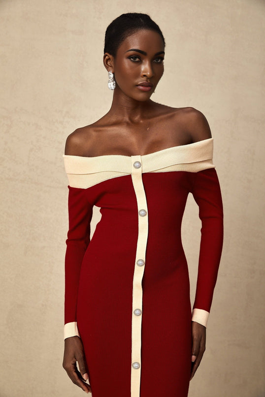 Shayla Red Knit Off Shoulder Midi Dress with Button Detailing