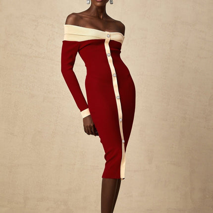Shayla Red Knit Off Shoulder Midi Dress with Button Detailing