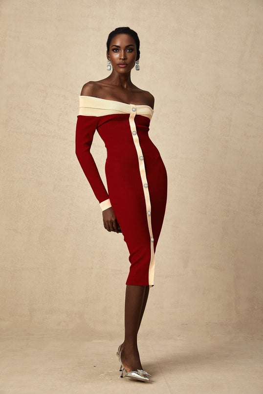 Shayla Red Knit Off Shoulder Midi Dress with Button Detailing