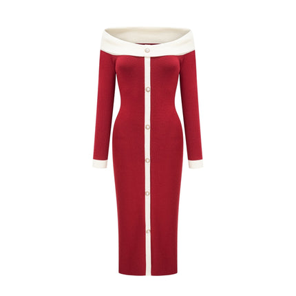 Shayla Red Knit Off Shoulder Midi Dress with Button Detailing
