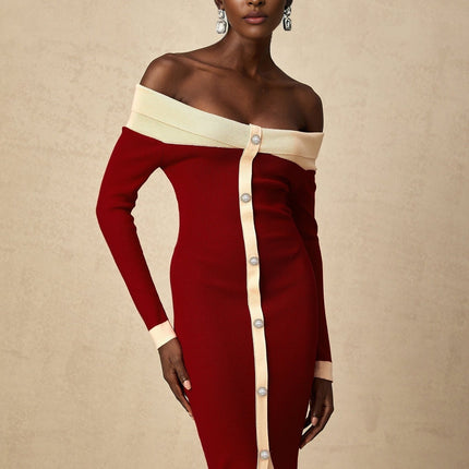Shayla Red Knit Off Shoulder Midi Dress with Button Detailing