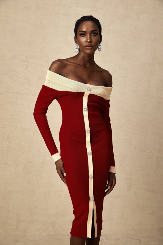 Shayla Red Knit Off Shoulder Midi Dress with Button Detailing