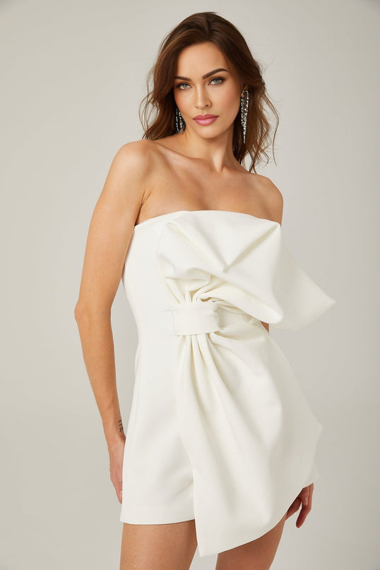 Shayla White Mini Dress with Oversize Bow Off-Shoulder Design 97% Polyester 3% Spandex Rear Zip Fastening Thigh-Length Asymmetric Silhouette