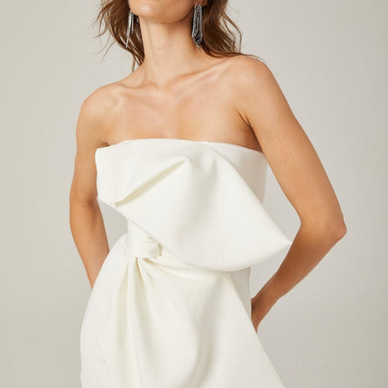 Shayla White Mini Dress with Oversize Bow Off-Shoulder Design Rear Zip Fastening 97% Polyester 3% Spandex Thigh-Length Elegant Sophisticated Glamour