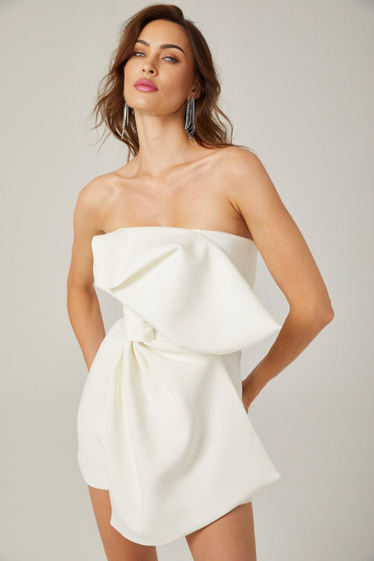 Shayla White Mini Dress with Oversize Bow Off-Shoulder Design Rear Zip Fastening 97% Polyester 3% Spandex Thigh-Length Elegant Sophisticated Glamour