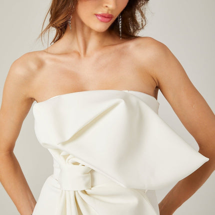 Shayla White Off-Shoulder Bow Mini Dress in Polyester Spandex Blend