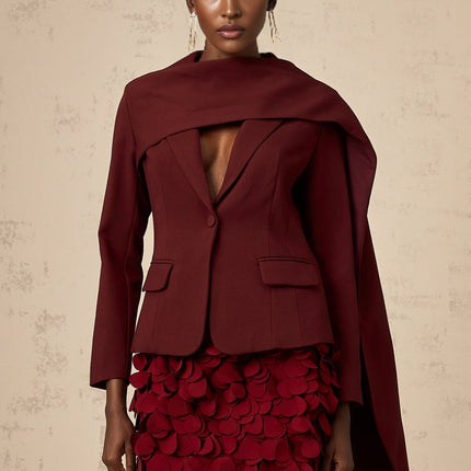 Shayla Wine Red Jacket with Peak Lapels and Cinched Waist