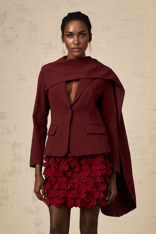 Shayla Wine Red Jacket with Peak Lapels and Cinched Waist