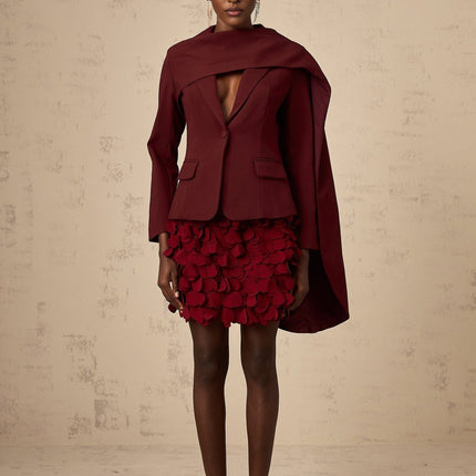 Shayla Wine Red Jacket with Peak Lapels and Cinched Waist