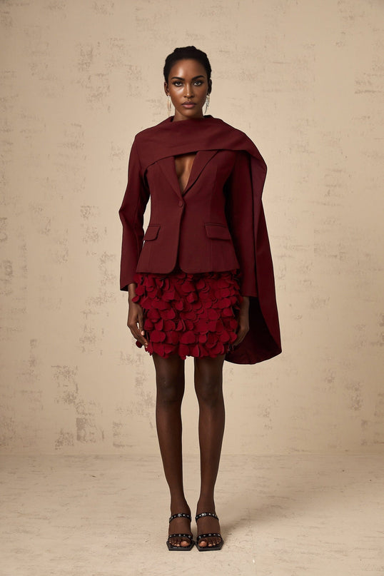 Shayla Wine Red Jacket with Peak Lapels and Cinched Waist