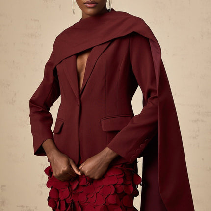 Shayla Wine Red Jacket with Peak Lapels and Cinched Waist