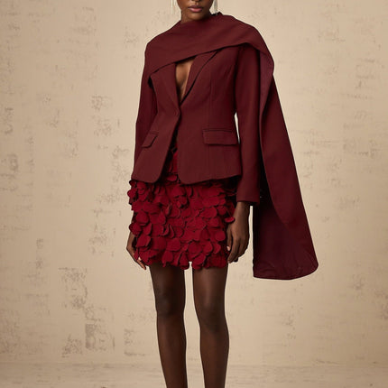 Shayla Wine Red Jacket with Peak Lapels and Cinched Waist