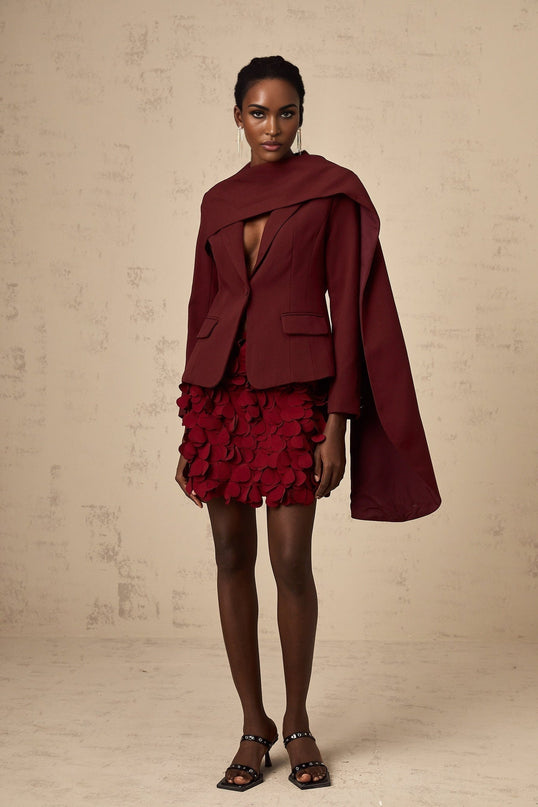 Shayla Wine Red Jacket with Peak Lapels and Cinched Waist