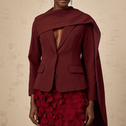 Shayla Wine Red Peak Lapel Jacket with Cinched Waist and Panelled Design
