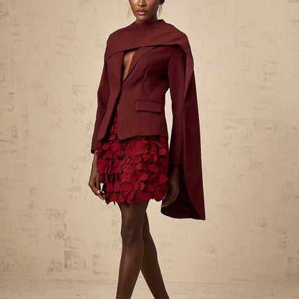 Shayla Wine Red Jacket Peak Lapels Shawl Detailing Cinched Waist Panelled Design Long Sleeves Buttoned Cuffs Front Flap Pockets Button Fastening 75 Terylene 20 Nylon 5 Cotton