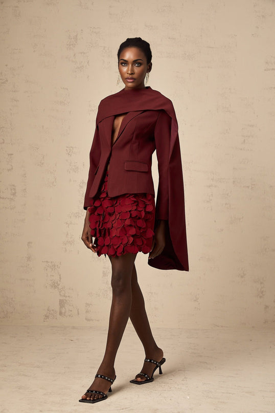 Shayla Wine Red Jacket Peak Lapels Shawl Detailing Cinched Waist Panelled Design Long Sleeves Buttoned Cuffs Front Flap Pockets Button Fastening 75 Terylene 20 Nylon 5 Cotton