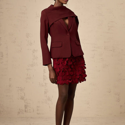 Shayla Wine Red Jacket Peak Lapels Shawl Detailing Cinched Waist Panelled Design Long Sleeves Flap Pockets Button Fastening Luxurious Blend