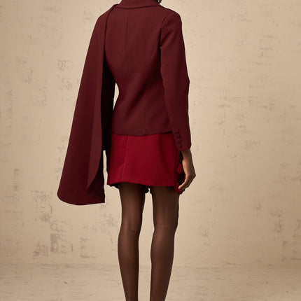 Shayla Wine Red Jacket with Peak Lapels and Cinched Waist