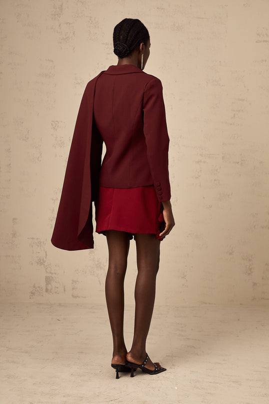 Shayla Wine Red Jacket with Peak Lapels and Cinched Waist
