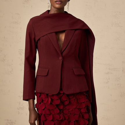 Shayla Wine Red Jacket with Peak Lapels and Cinched Waist