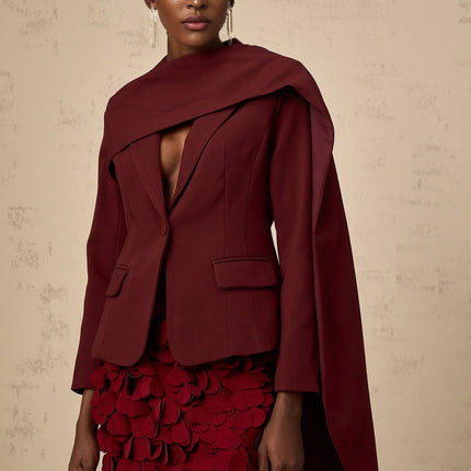 Shayla Wine Red Jacket with Peak Lapels and Cinched Waist in Luxurious Blend of Terylene Nylon and Cotton