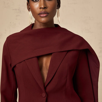 Shayla Wine Red Jacket with Peak Lapels and Cinched Waist