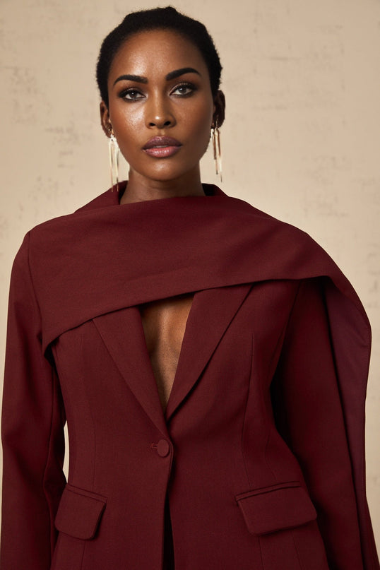 Shayla Wine Red Jacket with Peak Lapels and Cinched Waist