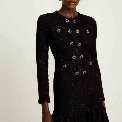 Shiloh Black Sequin Mini Dress with Flared Hem and Crystal-Embellished Buttons