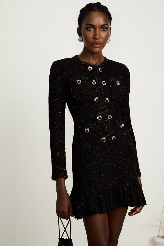 Shiloh Black Sequin Mini Dress with Flared Hem and Crystal-Embellished Buttons