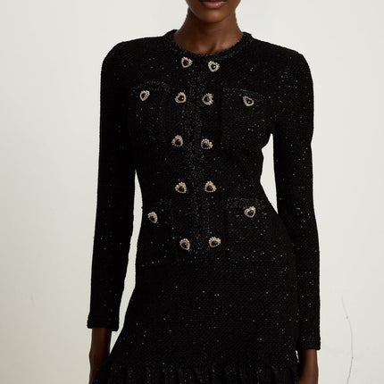 Shiloh Black Sequin Mini Dress with Flared Hem and Crystal-Embellished Buttons