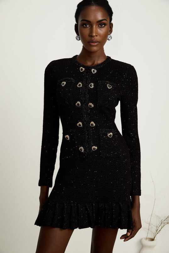 Shiloh Black Sequin Mini Dress with Flared Hem and Crystal-Embellished Buttons