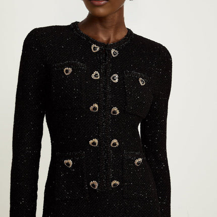 Shiloh Black Sequin Mini Dress with Flared Hem and Crystal Embellishments