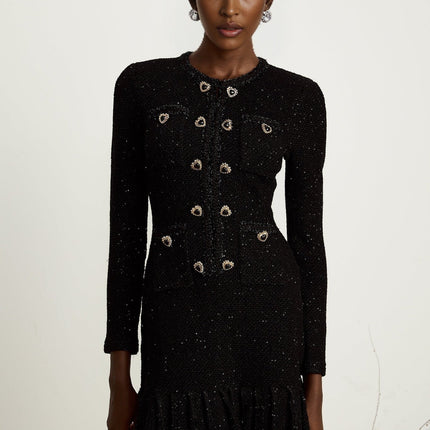 Shiloh Black Sequin Mini Dress with Flared Hem and Crystal Buttons