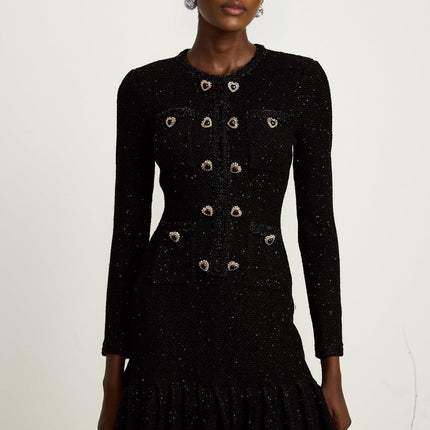 Shiloh Black Sequin Mini Dress with Crystal-Embellished Buttons and Flared Hem