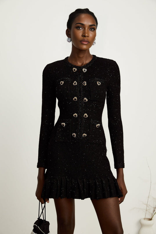 Shiloh Black Sequin Mini Dress with Crystal-Embellished Buttons and Flared Hem