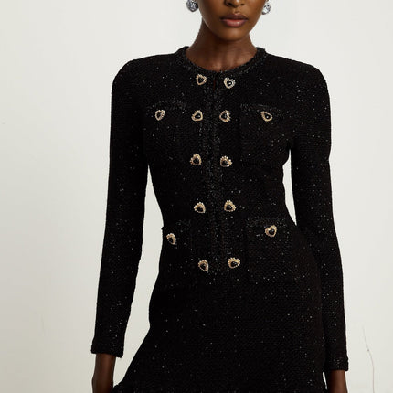 Shiloh Black Sequin Mini Dress with Flared Hem and Crystal-Embellished Buttons