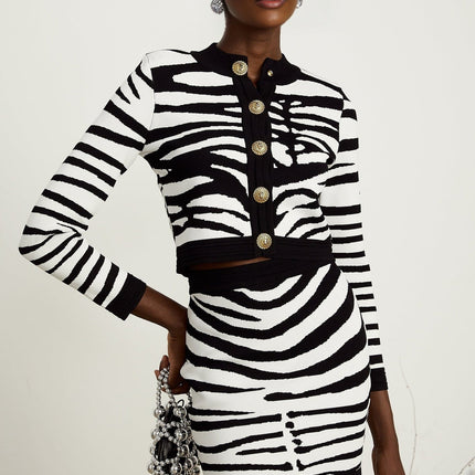 Shiloh Black Zebra Print Knit Set Cardigan Skirt Embossed Gold Buttons Viscose