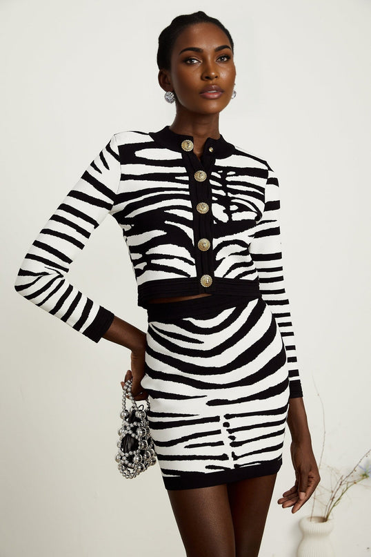 Shiloh Black Zebra Print Knit Set Cardigan Skirt Embossed Gold Buttons Viscose