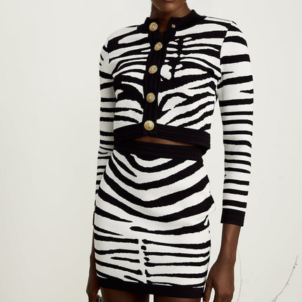 Shiloh Black Zebra Print Knit Set Cardigan Skirt Embossed Gold Buttons Viscose