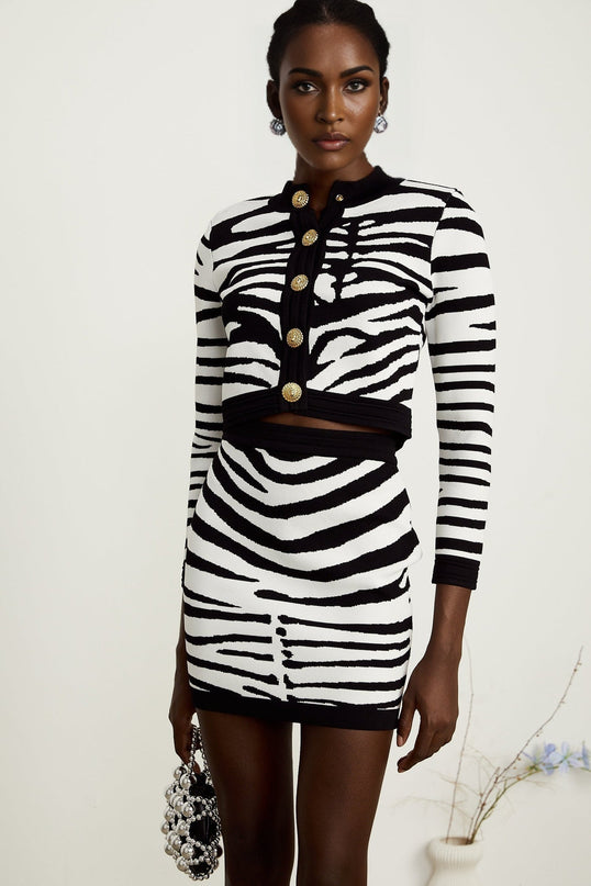 Shiloh Black Zebra Print Knit Set Cardigan Skirt Embossed Gold Buttons Viscose